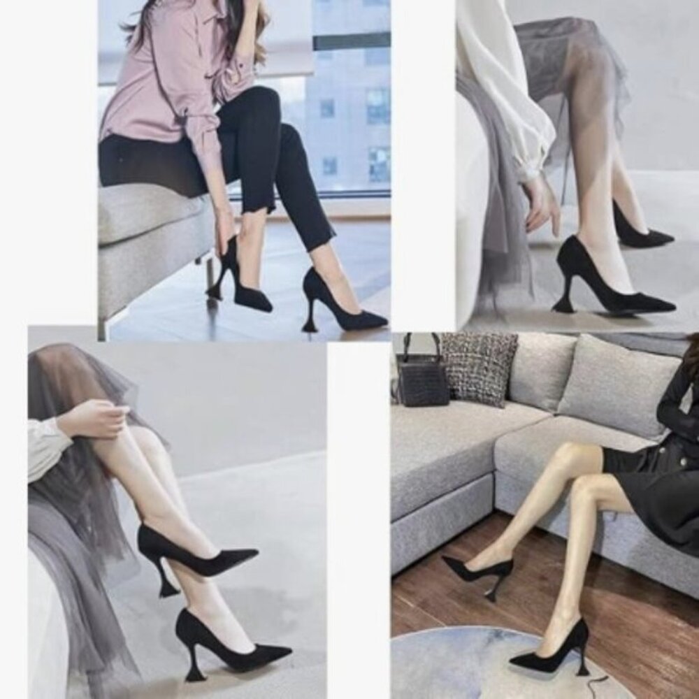 YDN Women Pointed Toe Slip on Pumps Special Kitten High Heel Black Shoes